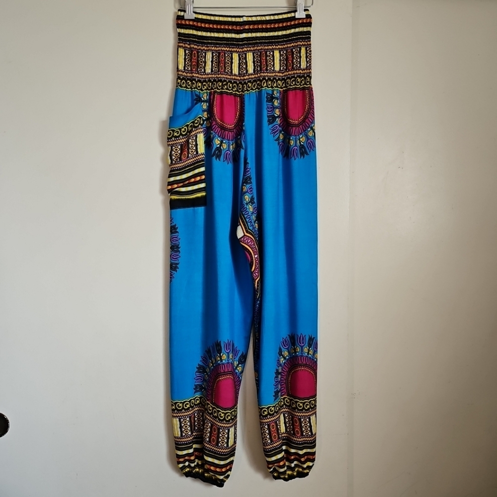 Full Funk Blue Ethnic Print Pants Smoke Waist African Dashiki Jogger Sz Small
